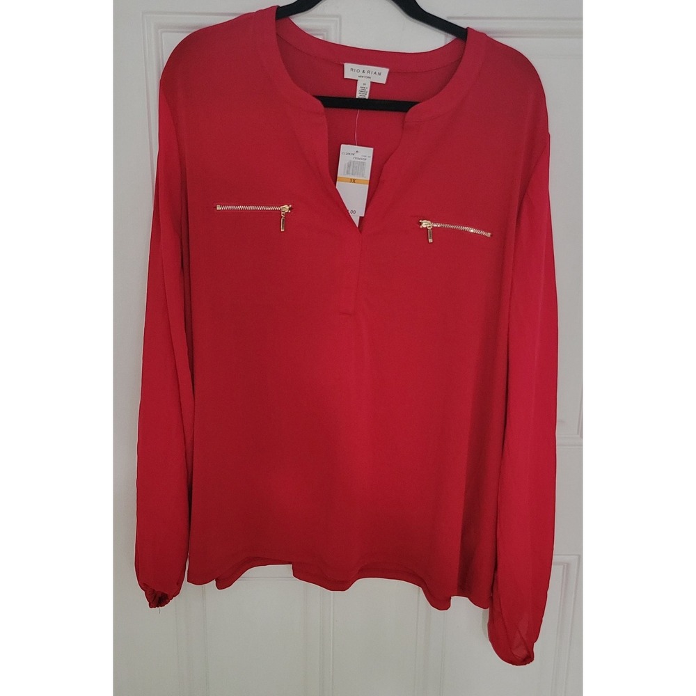 Rio &‎ Rian brand blouseStandup collar V-neckPockets with metal zippers Sz3X Re